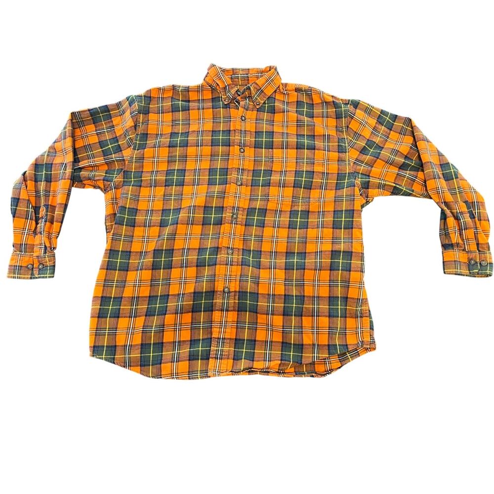 Eddie Bauer Flannel Shirt Mens Large Orange Plaid Button Down Cotton